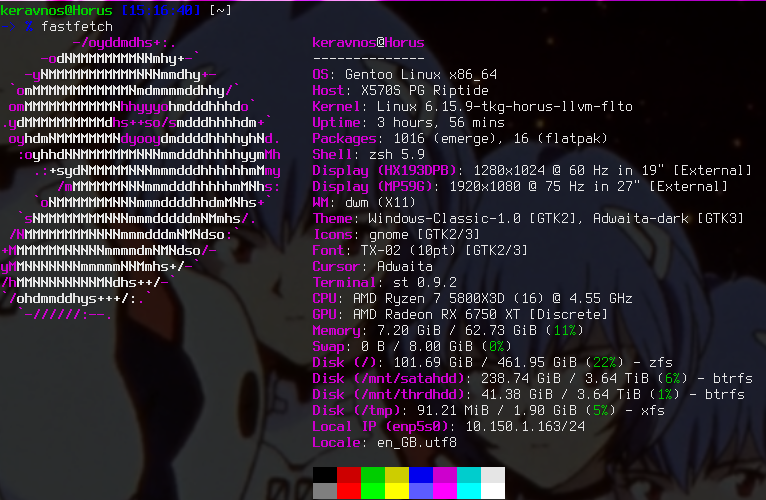 A fastfetch screenshot showing the setup of the website admin, running Gentoo Linux.